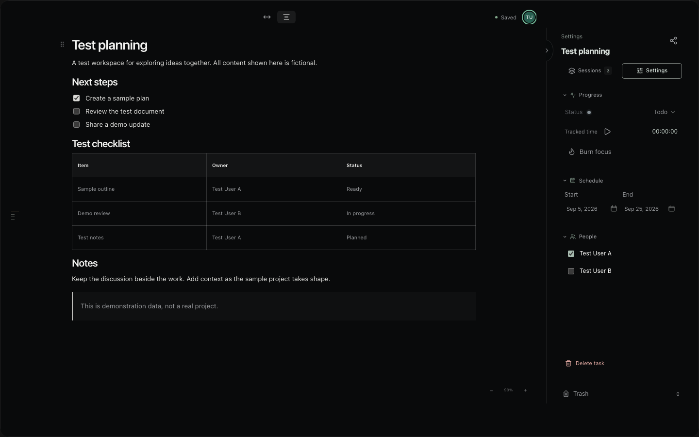 Huddle task editor showing a fictional sample project with its status, schedule, and test participants.